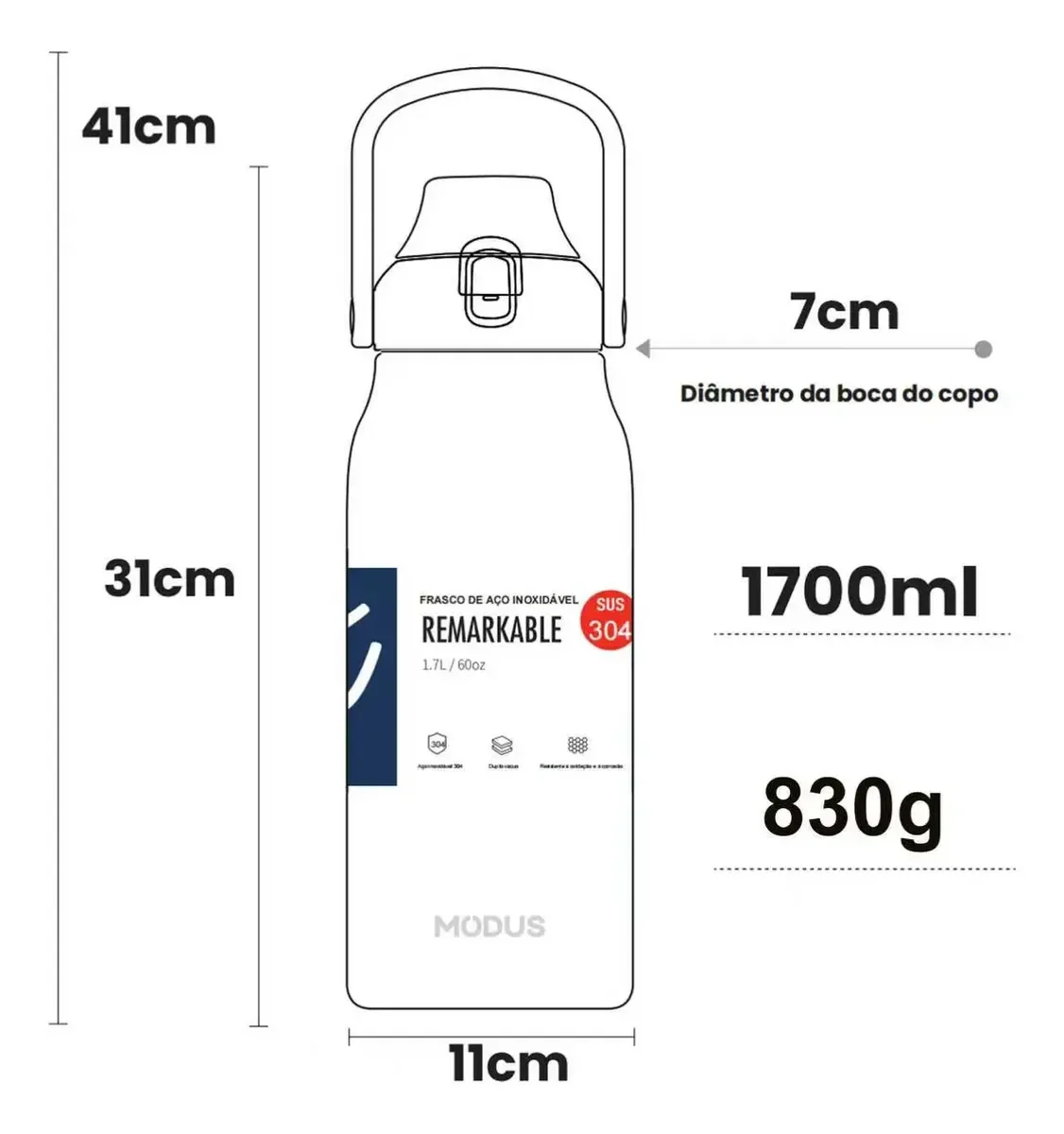 Medidas da garrafa térmica: 1700ml, 830g, 41cm de altura com a alça, 11cm de largura e boca de 7cm
